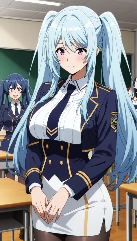 score_9, score_8_up, score_7_up, source_anime top quality、8k、masterpiece、natural light、high accuracy、perfect anatomy、transparent yoga tights for one woman、Mature Woman、medium breasts, sagging breasts:1.6, voluptuous body, epsilon, long hair, twintails, blu...