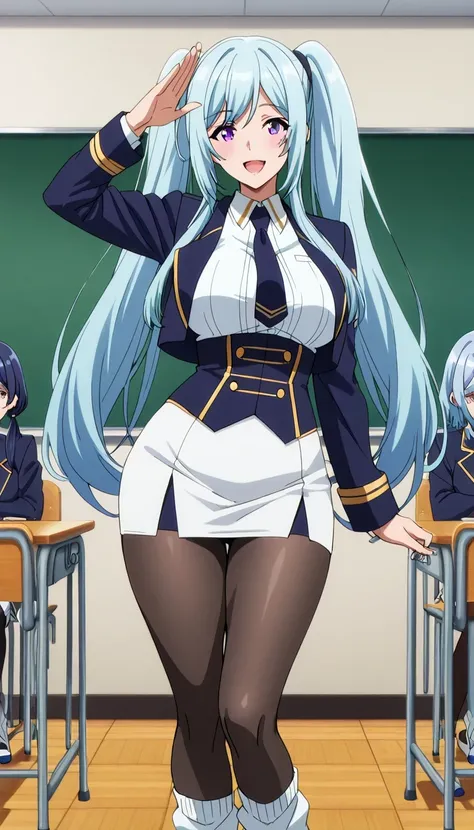 score_9, score_8_up, score_7_up, source_anime top quality、8k、masterpiece、natural light、high accuracy、perfect anatomy、transparent yoga tights for one woman、Mature Woman、medium breasts, sagging breasts:1.6, voluptuous body, epsilon, long hair, twintails, blu...