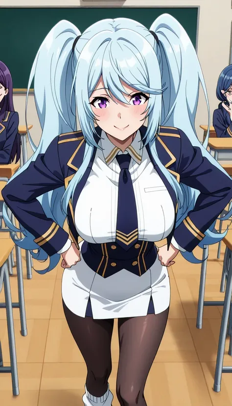 score_9, score_8_up, score_7_up, source_anime top quality、8k、masterpiece、natural light、high accuracy、perfect anatomy、transparent yoga tights for one woman、Mature Woman、medium breasts, sagging breasts:1.6, voluptuous body, epsilon, long hair, twintails, blu...