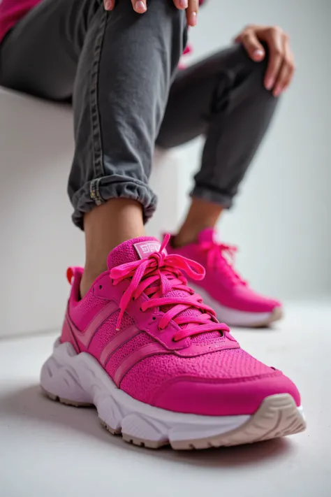 very low angle shot of a woman wearing hot pink tennis shoe sneakers, hyper realistic, dynamic low angle shot professional quality 8k resolution, she is wearing a 