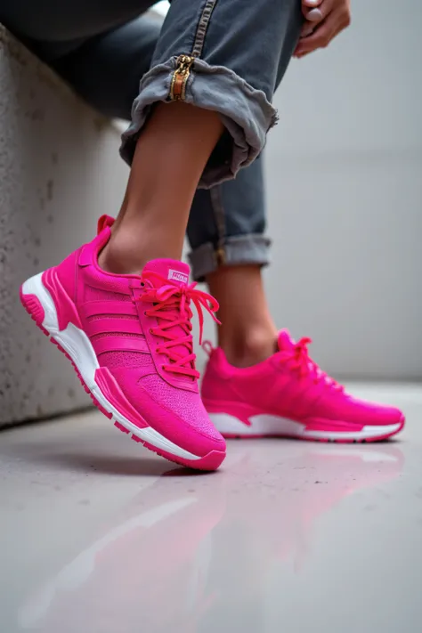 very low angle shot of a woman wearing hot pink tennis shoe sneakers, hyper realistic, dynamic low angle shot professional quality 8k resolution, she is wearing a 