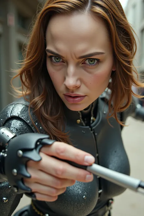a super wide angle shot of an android using a screw driver to fend of enemies, she is realistic skin, but parts of her are being repaird and expose platelike doors where the inner robotic parts and wires and chips & circuits are, the detail in the chips an...