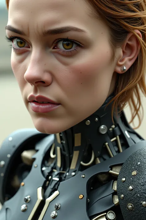 a super wide angle shot of an android using a screw driver to fend of enemies, she is realistic skin, but parts of her are being repaird and expose platelike doors where the inner robotic parts and wires and chips & circuits are, the detail in the chips an...