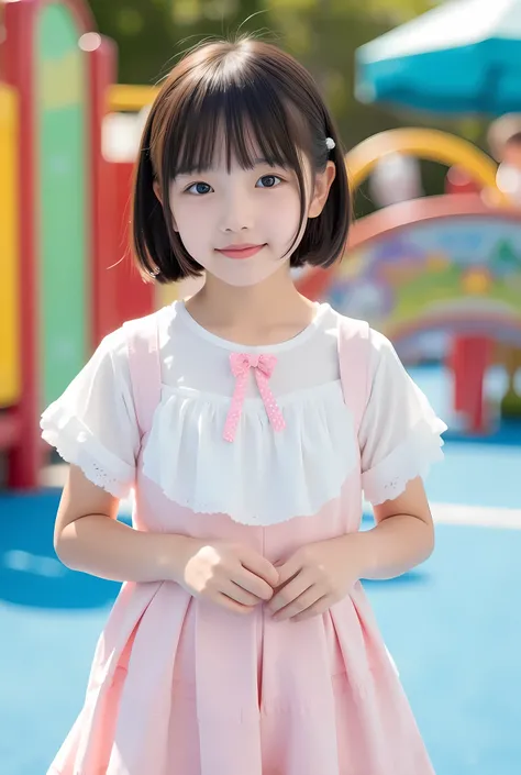 Japanese women,surreal,High precision,Top Quality,8k, Exquisite Details ,(elementary school student,short,Baby Face,Futomo:1.3),(cute fashion),stare at the viewers,depth of field,full body,Playground