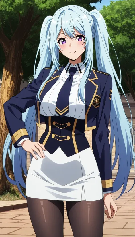 score_9, score_8_up, score_7_up, source_anime top quality、8k、masterpiece、natural light、high accuracy、perfect anatomy、transparent yoga tights for one woman、Mature Woman、medium breasts, sagging breasts:1.6, voluptuous body, epsilon, long hair, twintails, blu...