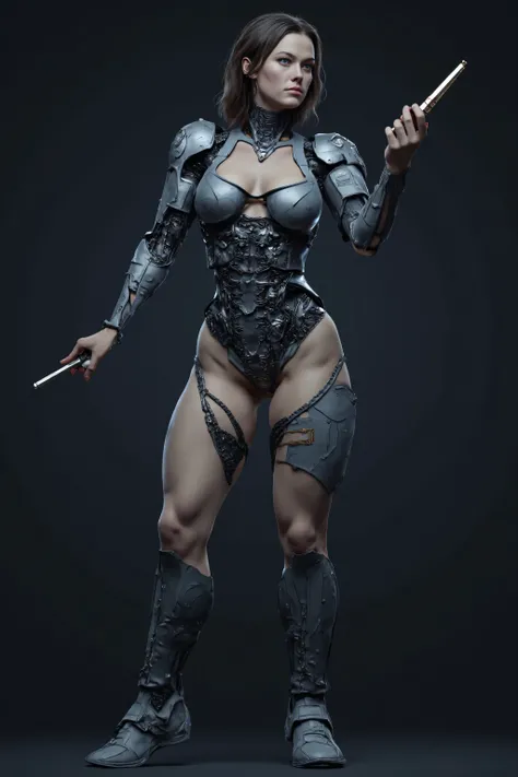 a super wide angle shot of an android using a screw driver to fend of enemies, she is realistic skin, but parts of her are being repaird and expose platelike doors where the inner robotic parts and wires and chips & circuits are, the detail in the chips an...