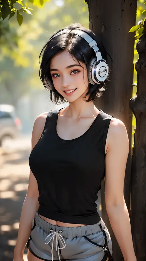  (8k,Live-action footage,super High resolution,Ultra-realistic,Highest quality:1.4),Break,one girl 20-year-old,Japan,Beautiful Face,Realistic blue eyes,Beautiful details in the eyes,(smile:1.5),(Wearing Glowing headphones:1.5),Beautiful Skin,Charm,(Black H...