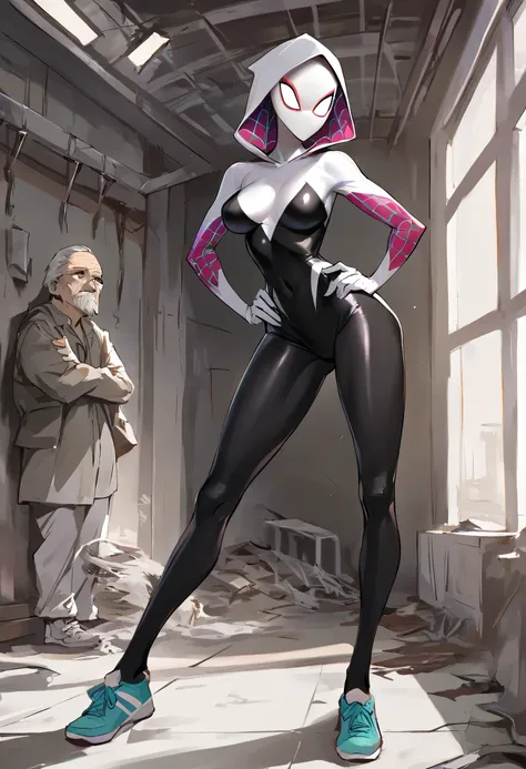 Masterpiece , best quality , Masterpiece , best quality , Spider Gwen , mask , body suit , skinny body , abdomen , big breasts , hands on hips.. , long legs , sneakers , 1 man , old man , huge , abandoned factory ,