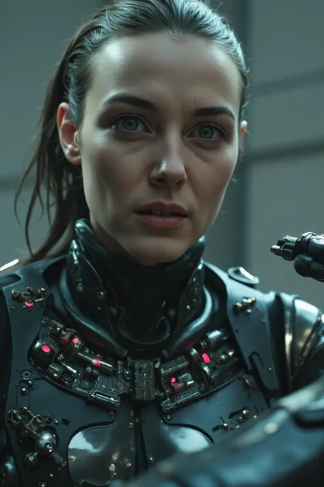 a super wide angle shot of an android using a screw driver to fend of enemies, she is realistic skin, but parts of her are being repaird and expose platelike doors where the inner robotic parts and wires and chips & circuits are, the detail in the chips an...