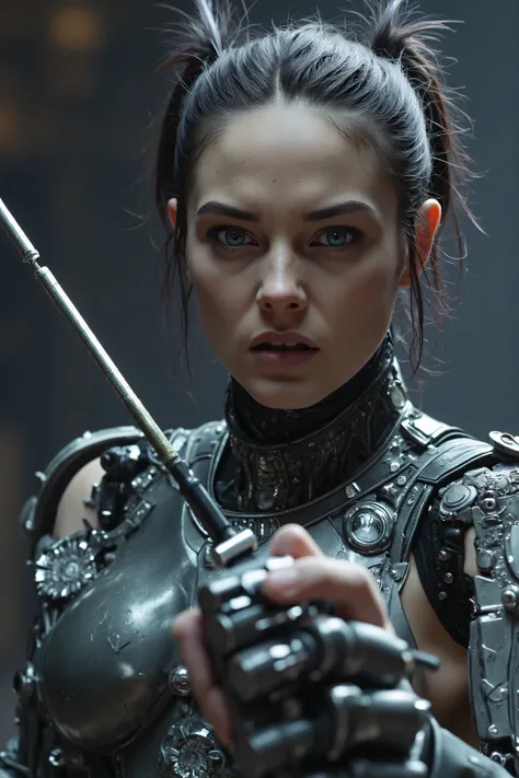 a super wide angle shot of an android using a screw driver to fend of enemies, she is realistic skin, but parts of her are being repaird and expose platelike doors where the inner robotic parts and wires and chips & circuits are, the detail in the chips an...