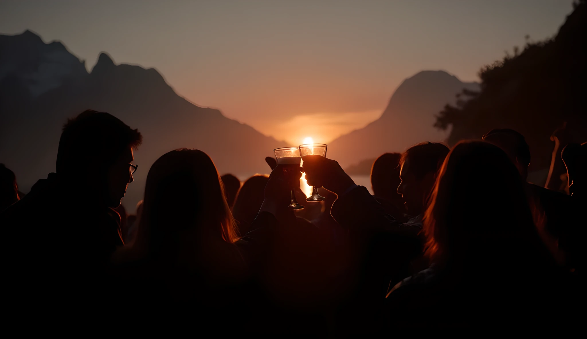 ((RAW photo)), masterpiece, better quality, crowd of people in profile, toasting with drinks at a celebration, dark background, people in linear style you can't see their faces, background mountains , sunset, dramatic colors, aesthetic, minimalist, real de...