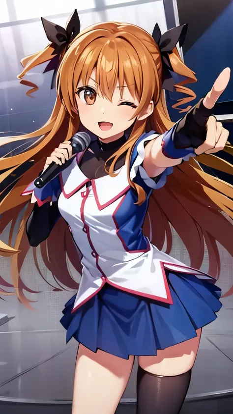 {{{masterpiece}}}, {{{best quality}}}, {{ultra-detailed}}, {illustration}, {{an extremely delicate and beautiful}}, 8k, nsfw, Ogata Rina(WHITE ALBUM), 1girl, hair bow, off-shoulder shirt, elbow gloves, blue skirt, thighhighs, zettai ryouiki, smile, fingerl...
