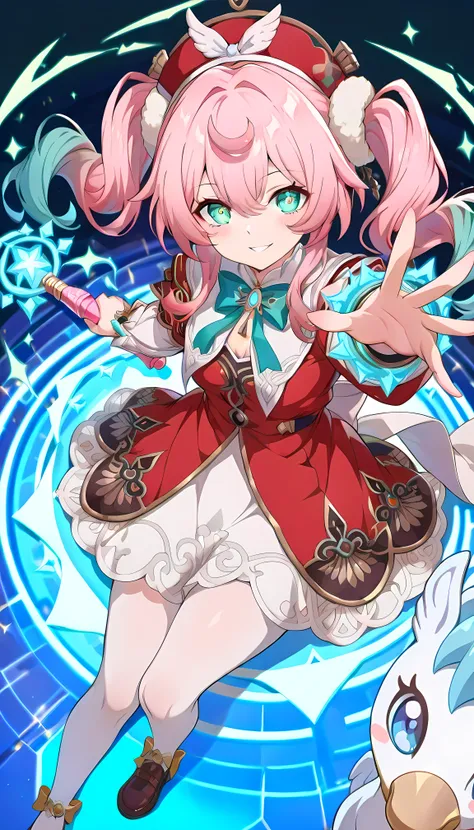 score_9, score_8_Up, score_7_Up, BREAK source_anime, (masterpiece), (Top quality), hyacine \(honkai star rail\), (blue magic wand in one hand, Magic Rim, Pegasus mascot character, from above:1.4), 1girl, pink hair, solo, twintails, multicolored hair, dress...