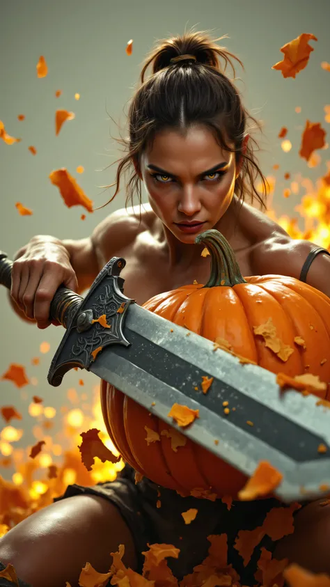woman swings an enormous sword, hitting a pumpkin slicing through it exploding it into pieces high speed photography, in an action shot