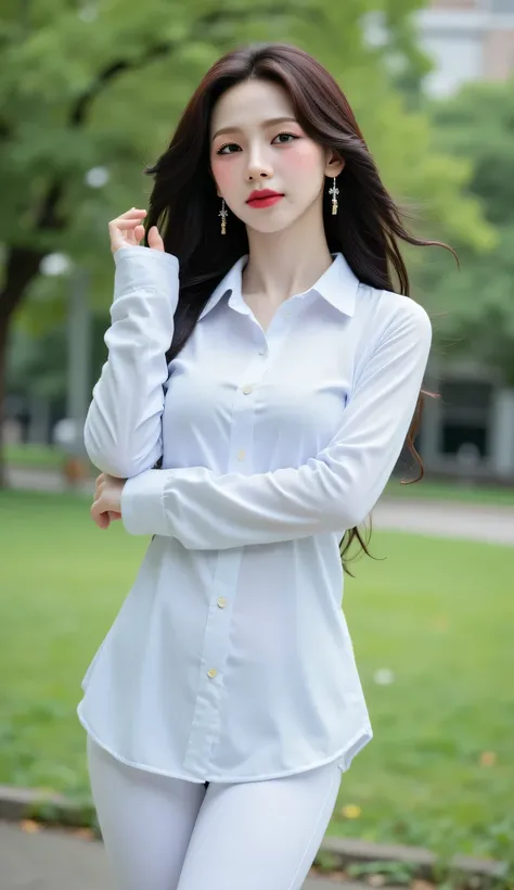 a beautiful woman, standing in the city park , use long sleeve formal shirt of white color, leggings in white, big red lips