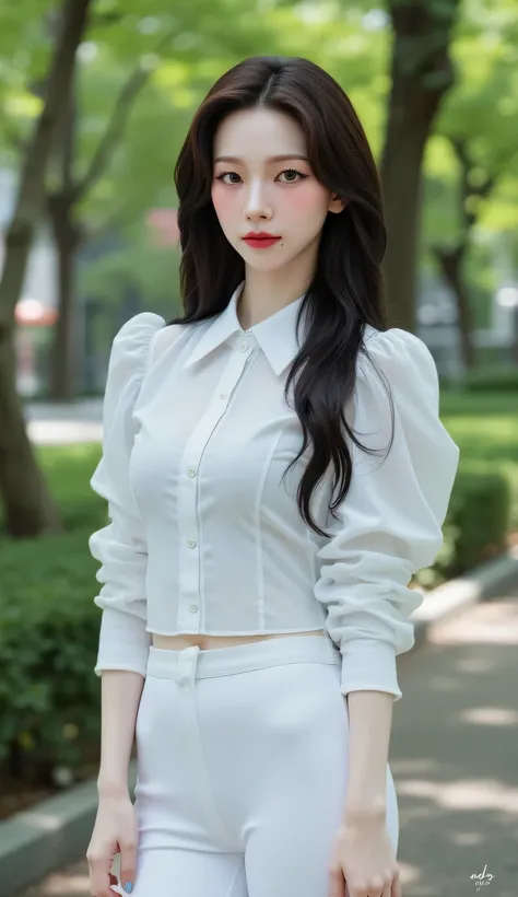 a beautiful woman, standing in the city park , use long sleeve formal shirt of white color, leggings in white, big red lips