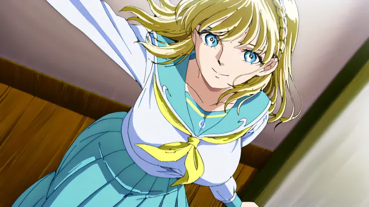 score 9 、score 8 up、score 7 up、source anime、傑作、best quality、best resolution、anime coloring、1girl、mii、solo、anime girl、long blonde haired anime girl、blue eyed girl、french braid、crown braid、big breasts、large breasts、collarbone、school uniform、Female junior hig...