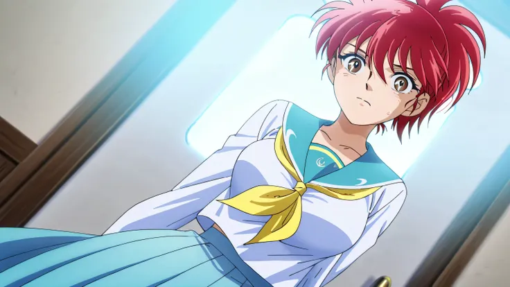 score 9 、score 8 up、score 7 up、source anime、傑作、best quality、best resolution、anime coloring、1girl、shouko、solo、anime girl、medium red haired anime girl、bangs、brown eyed girl、ponytail hair、Hair between the eyes、big breasts、large breasts、collarbone、school unifo...
