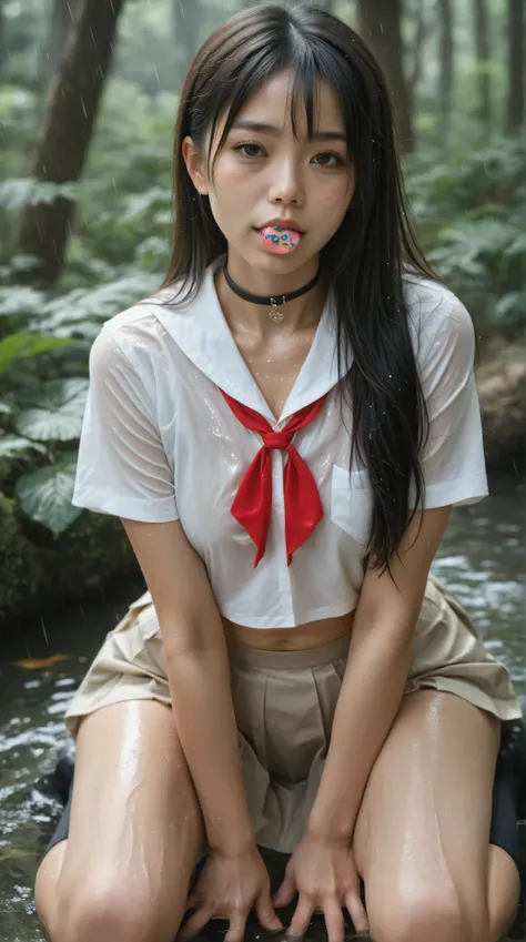 18 years old korean girl with very long black hairstyles with baby pacifier in her mouth is posing in school sail uniform, the chocker on her neck, the skirt is very very short, in the forest, the skin is wet the uniform is wet, there is the rain in the fo...