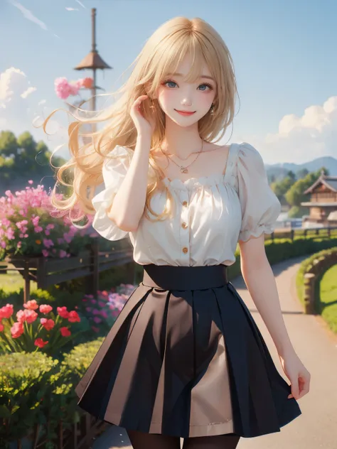 (masterpiece,best quality: 1.4),(8k,raw photo,photo realistic:1.2),shiny skin, detailed skin,detailed face,detailed eyes,Japanese idol,beautiful face,flower garden, blue sky, countryside, one beautiful girl, very pretty,(blond hair:1.2),short stature, (lar...