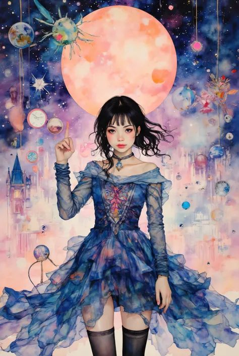 (Very beautiful and elaborate watercolor painting:1.2), Beautiful Nature, (The girl with hair that stretches to her knees who rule the world), A girl looks down and stares at the viewer、Raise her right hand up and point upward with her index finger、(Neon P...