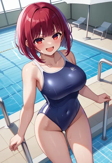 score 9 、score 8 up、score 7 up、source anime、傑作、Best quality、Best image quality、Best resolution、anime coloring、1girl、arima kana、、solo、kanarnd、red hair、blunt bangs、short hair、bobcut、red eyes、big breasts、large breasts、、competition school swimsuit、school swims...