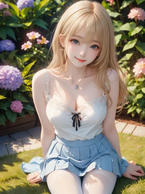 (masterpiece,best quality: 1.4),(8k,raw photo,photo realistic:1.2),shiny skin, detailed skin,detailed face,detailed eyes,Japanese idol,beautiful face,flower garden, blue sky, countryside, one beautiful girl, very pretty,(blond hair:1.2),short stature, (lar...