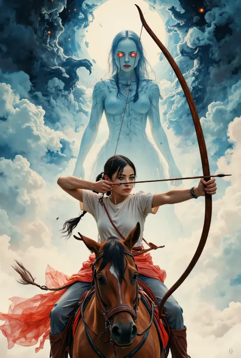(Very beautiful and elaborate watercolor painting:1.2), Beautiful Nature, (Girl riding a horse and holding a large wooden bow), The Girl Closes Her Right Eye to Aim、Trying to hit an arrow at the viewer、(Girl's Eyes Shining Blue:1.4), Breaking ,Background o...