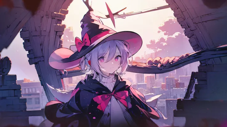 purple hair, red eyes, deer horn, purple bow, necromancer, grown up witch hat