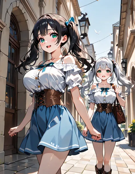 ((ultra-detailed)), (highly detailed CG illustration), (best quality:1.2), ultra-highly detailed, colorful composition, artistic photoshoot, 2 girls, duo focus,cowboy shot, moe anime character, 2 girls, dainty facial structure, baby face, round face, round...