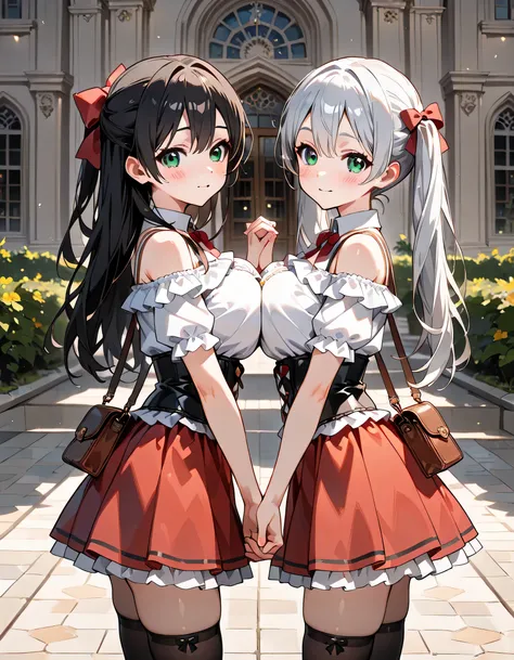 ((ultra-detailed)), (highly detailed CG illustration), (best quality:1.2), ultra-highly detailed, colorful composition, artistic photoshoot, 2 girls, duo focus,cowboy shot, moe anime character, 2 girls, dainty facial structure, baby face, round face, round...