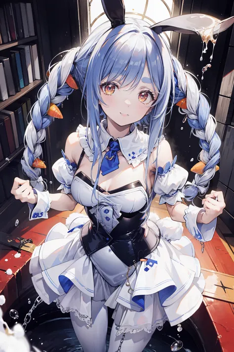 masterpieces, best quality single product, , 1 girl, Ultrafine, illustration, Indoor, Smile, cowboy shooting perspective, gold necklace , White punches , white pantyhose, white wristband, Double chain drops , fake animal ears, With sleeves, c...