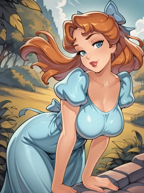 highres, hi res, best quality, masterpiece,
1girl, (WendyXL),, (puffy sleeves, blue dress, short sleeves, hair bow:1.1), brown hair, blue eyes, lipstick,
dutch angle, naughty pose, extreme_macromastia, bigger bust than normal, giant natural hyperbreasts, l...