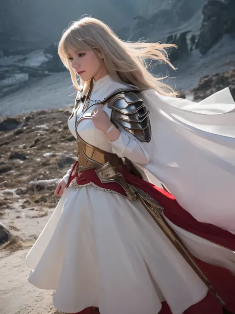 A full-body shot of a woman nicknamed the "White Knight".
She dismounts from her white horse and watches the battle from the top of a high hill.
She holds a crimson spear in her hand and a silver sword on her waist.
Her tight-fitting outfit and crimson cap...