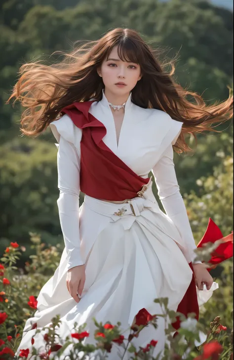 The whole body of the woman nicknamed the "White Knight".
She watches the battle from the top of a high hill.
Her perfectly fitted outfit and crimson cape flutter in the wind.
Fantastic haute couture fashion, romantic and nostalgic, cinematic lighting, ult...
