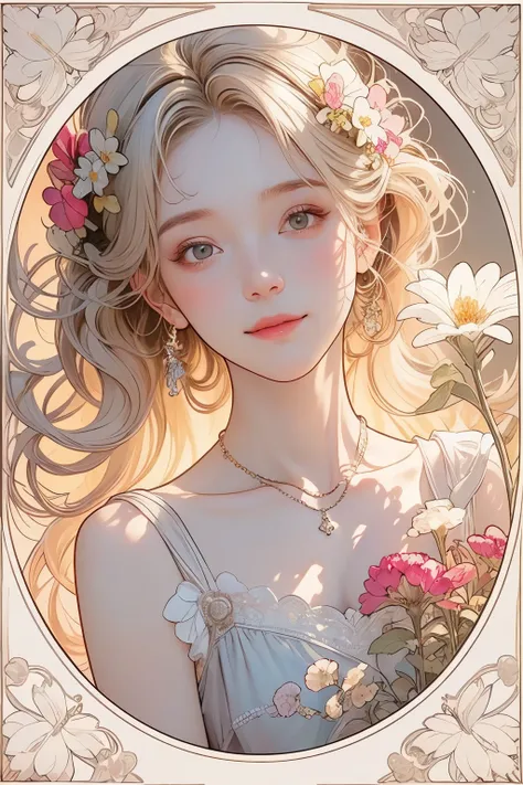 (Young and beautiful woman), (Calm and gentle girlish smile), (Almost straight medium blonde silver-gray hair), (Close-up), Striking portrait, Pursuit of beauty, (Simple colored shirt), Bright primary colors used partially as accents, (Slim figure), Small ...