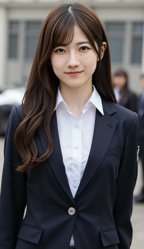  blazer uniform、 Female high school student、cute、 Being closely followed by a、chest visible、straight long hair a、smile with closed mouth