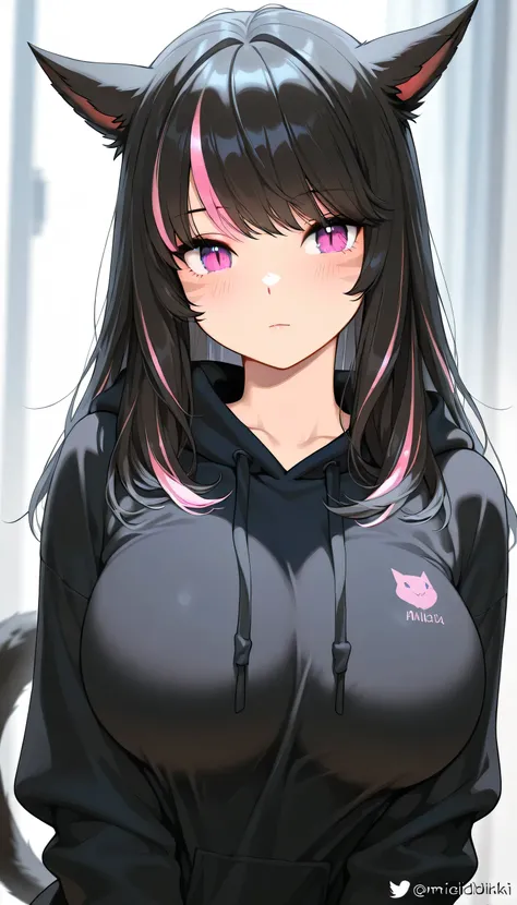 masterpiece,1girl, Black longhair, ((highlights hair, pink streaked hair)), Miqo'te, Big Breasts, , Black hoodie, Miqo'te, upper body, meidbikini