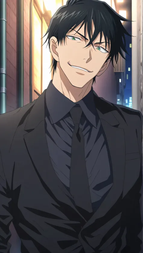 1male,solo,fushiguro toji,short hair,black hair,green eyes,black suit,black shirt,black necktie,smirk,muscle,alley,night,