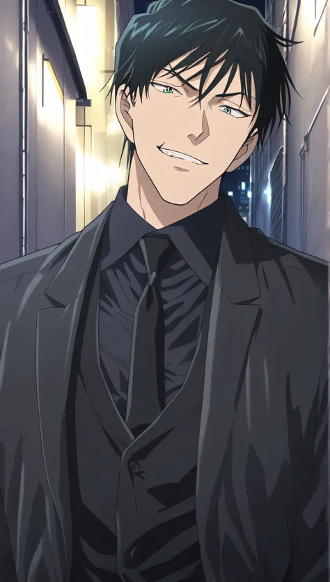 1male,solo,fushiguro toji,short hair,black hair,green eyes,black coat,black shirt,black necktie,black vest,lazy,smirk,muscle,alley,night,