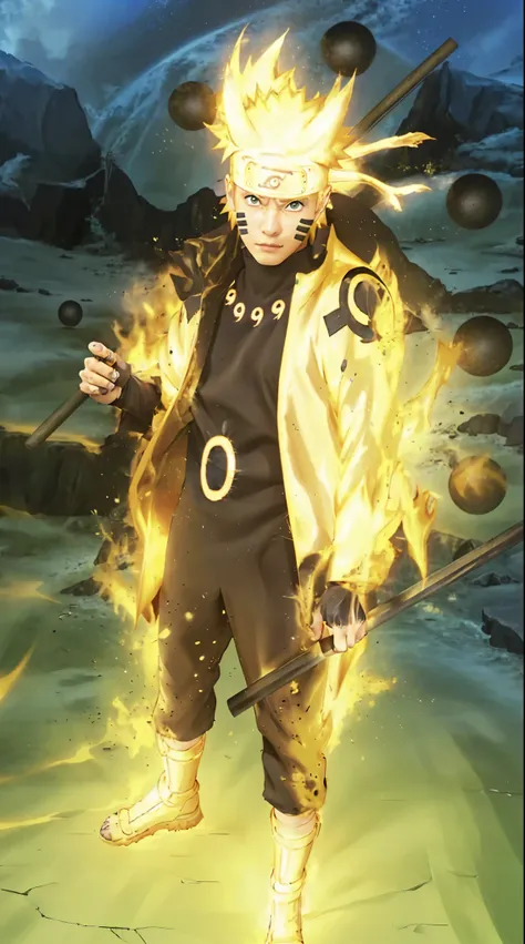 A hyper-realistic portrait of a powerful young man inspired by Naruto Uzumaki in Six Paths Sage Mode. He has glowing golden-yellow hair styled in spikes, bright golden chakra cloak radiating energy, with black markings and patterns over his face and body. ...