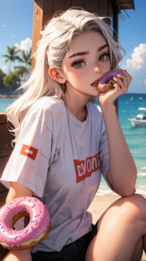 looking to the side biting donut