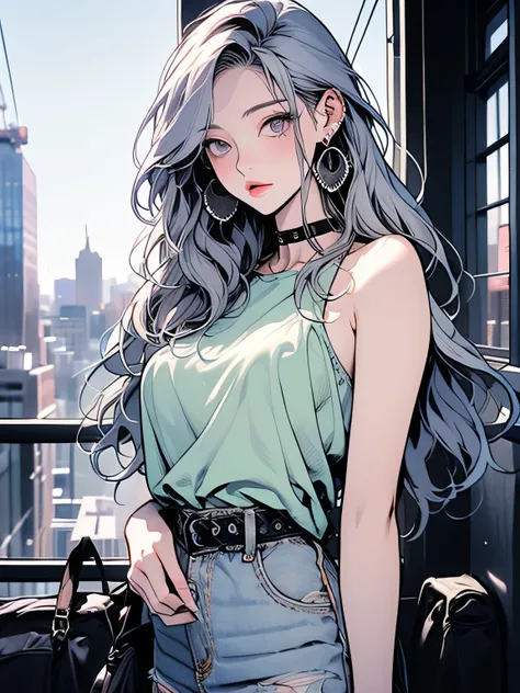 nsfw、Animation、Top quality、high resolution、A woman is listening to music、adult expression、silver hair、semi-long hair、lilac camisole、Light Green Tight Skirt、mini skirt、Earphones、holds a coffee cup in her right hand、Bus stop in the evening、、((Evening time))、...
