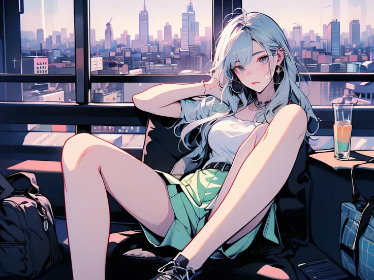 nsfw、Animation、Top quality、high resolution、A woman is listening to music、adult expression、silver hair、semi-long hair、lilac camisole、Light Green Tight Skirt、mini skirt、Earphones、holds a coffee cup in her right hand、Bus stop in the evening、、((Evening time))、...