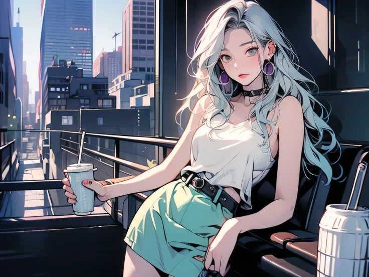 nsfw、Animation、Top quality、high resolution、A woman is listening to music、adult expression、silver hair、semi-long hair、lilac camisole、Light Green Tight Skirt、mini skirt、Earphones、holds a coffee cup in her right hand、Bus stop in the evening、、((Evening time))、...