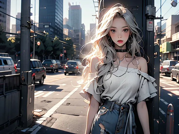 nsfw、animation、Top quality、high resolution、A woman is listening to music、adult expression、silver hair、semi-long hair、lilac camisole、Light Green Tight Skirt、mini skirt、Earphones、holds a coffee cup in her right hand、Bus stop in the evening、、((Evening time))、...