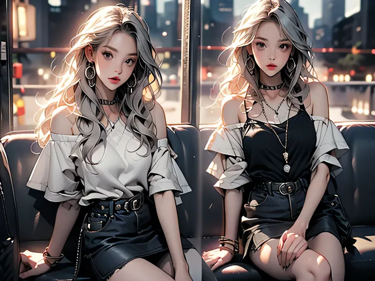 nsfw、animation、Top quality、high resolution、A woman is listening to music、adult expression、silver hair、semi-long hair、lilac camisole、Light Green Tight Skirt、mini skirt、Earphones、holds a coffee cup in her right hand、Bus stop in the evening、、((Evening time))、...