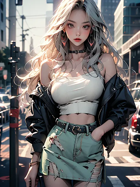 nsfw、animation、Top quality、high resolution、A woman is listening to music、adult expression、silver hair、semi-long hair、lilac camisole、Light Green Tight Skirt、mini skirt、Earphones、holds a coffee cup in her right hand、Bus stop in the evening、、((Evening time))、...