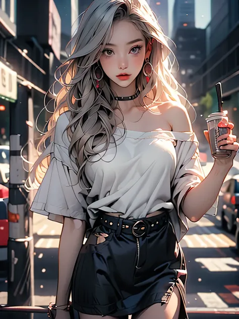 nsfw、animation、Top quality、high resolution、A woman is listening to music、adult expression、silver hair、semi-long hair、lilac camisole、Light Green Tight Skirt、mini skirt、Earphones、holds a coffee cup in her right hand、Bus stop in the evening、、((Evening time))、...