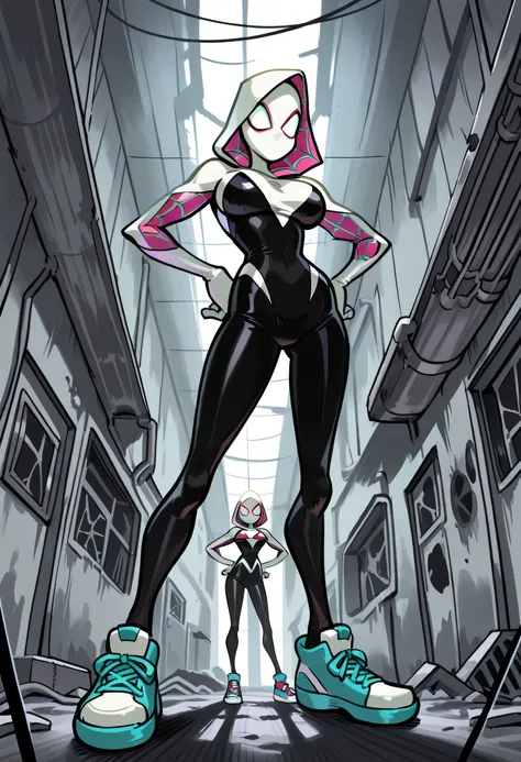 Masterpiece , best quality , Masterpiece , best quality , Spider Gwen , mask , body suit , skinny body , abdomen , big breasts , hands on hips.. , long legs , sneakers , abandoned factory , from below 